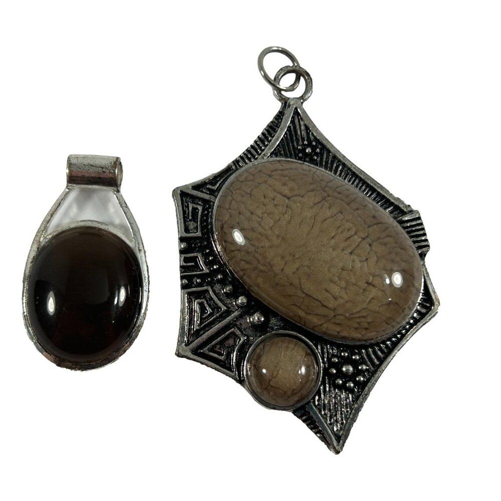 Lot 2 Silver Tone Brown Dome Unknown Stone Pendants Modern